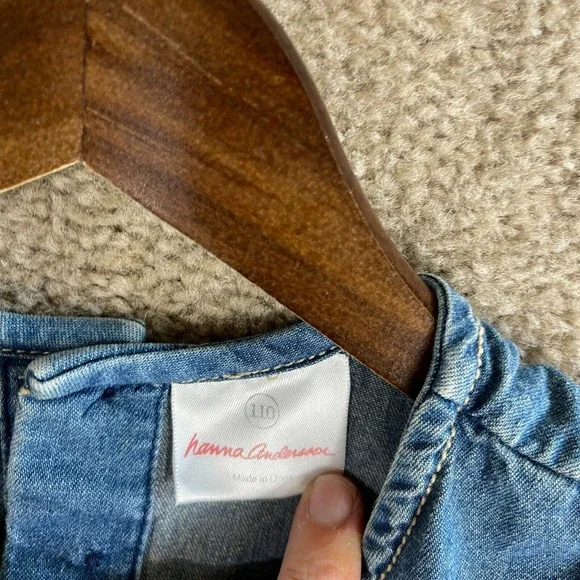 Hanna Andersson Shift Jean Dress Girls Kids Size 110 5 Blue Chambray Ruffle - Picture 3 of 8